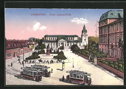 AK Darmstadt, Strassenbahnen auf dem Ernst Ludwig-Platz
