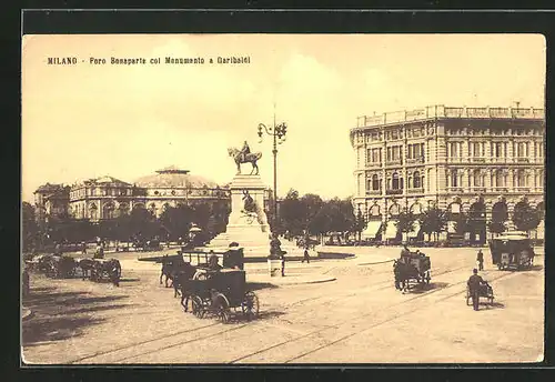 AK Milano, Foro Bonaparte col Monumento a Garibaldi, Strassenbahn