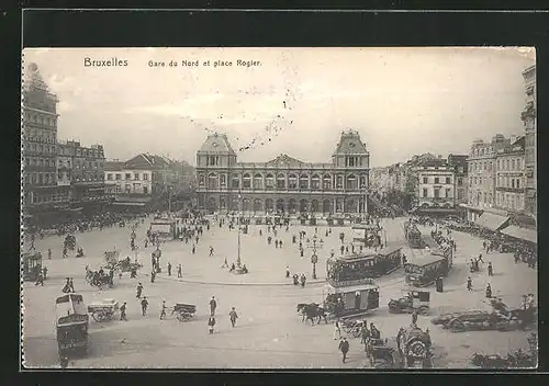 AK Bruxelles, Gare du Nord et place Rogler, Strassenbahn