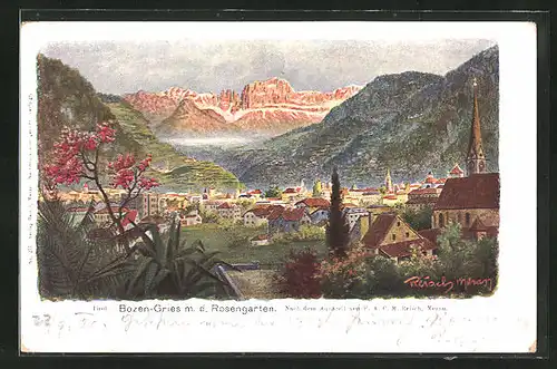 Künstler-AK F.A.C.M. Reisch: Bozen-Gries, Panorama mit Rosengarten
