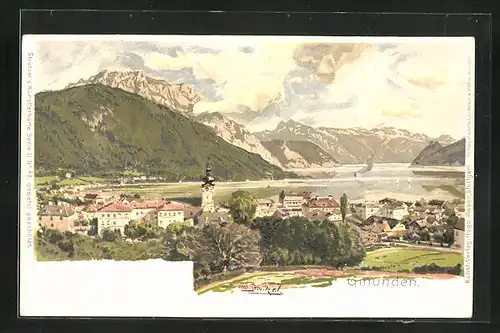 Künstler-Lithographie Otto Strützel: Gmunden, Panorama