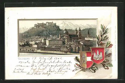 Passepartout-Lithographie Salzburg, Panorama, Wappen