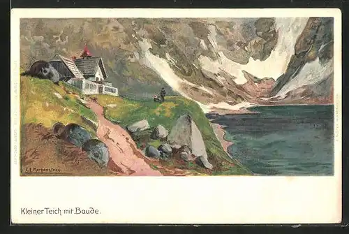 Künstler-Lithographie Carl Ernst Morgenstern: Prinz Heinrich Baude, Panorama mit kleinem Teich