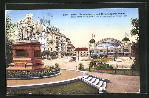 AK Basel, Bahnhofsplatz und Strassburgerdenkmal