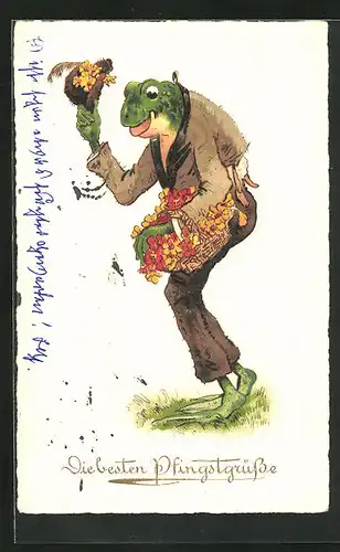 AK Frosch in zerschlissener Kleidung mit Blumenkörbchen, Bettler