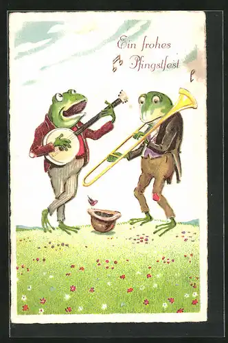 AK zwei Frosch-Herren singen und musizieren auf Musikinstrumenten