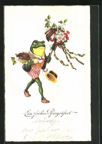 AK verliebter Frosch mit Blumenstrauss, Geschenkbox und Maikäfern