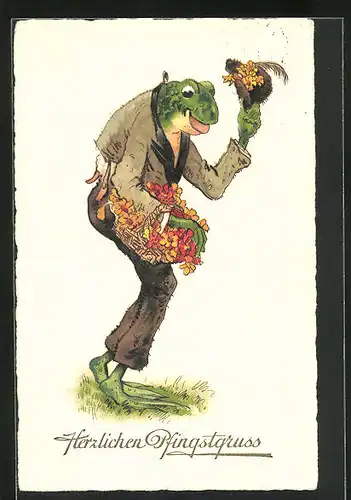 AK Frosch in zerschlissener Kleidung mit Blumenkorb, Bettler