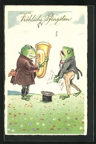 AK zwei Frösche singen und musizieren in eleganten Jacketts auf der Blumenwiese