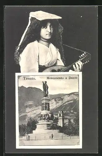 AK Trento, Monumento a Dante, Fräulein mit Gitarre in Tracht