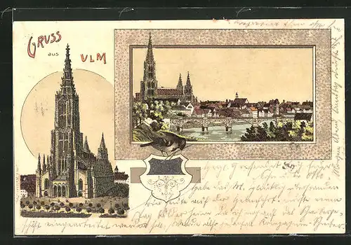 Lithographie Ulm / Donau, Münsterkirche und Stadtpanorama