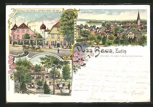 Lithographie Eutin, Wohnhaus des Dichters Joh. Heinr. Voss, Garten, Panorama