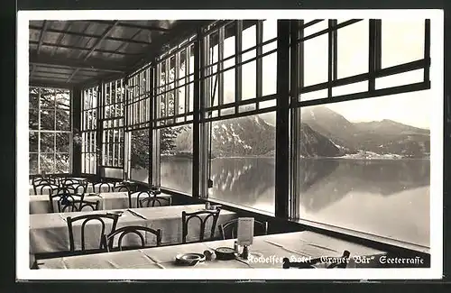 AK Kochel am See, Hotel-Pension Grauer Bär, Blick vom Wintergarten auf den Kochelsee