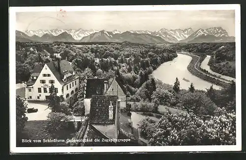 AK Grünwald, Blick vom Schlosshotel-Turm auf Ort und Zugsüitze