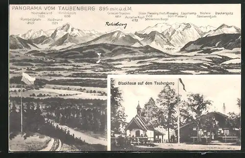 AK Warngau, Blockhaus auf dem Taubenberg, Panoramablick auf das Gebirge