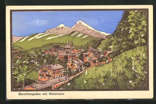 AK Berchtesgaden, Totale mit Blick auf den Watzmann