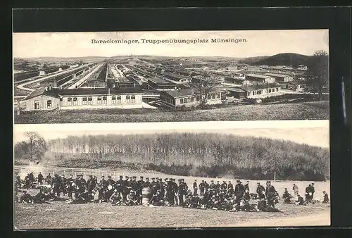 AK Münsingen, Barackenlager und Soldaten auf dem Feld