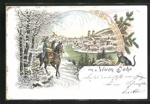 Vorläufer-Lithographie Trompeter von Säckingen am Fluss, 1895, Behüt Dich Gott!