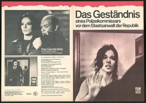 Filmprogramm Film für Sie Nr. 51 /72, Das Geständnis eines Polizeikommisars..., F. Nero, M. Balsam, Regie: D. Damiani