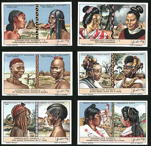 6 Sammelbilder Liebig, Serie Nr. 1340: Zonderlinge Kapsels, Roemeensche Boerin, Vrouw uit Huésca