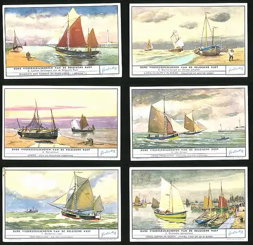 6 Sammelbilder Liebig, Serie Nr. 1583: Oude Visserszeilschepen van de Belgische Kust, Oostendse garnaalboot, Schiffe