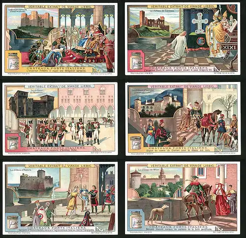 6 Sammelbilder Liebig, Serie Nr. 1069: Châteaux forts Italiens, Milan, d`Astura, d`Issogne, Mantoue, Canossa, Pouille