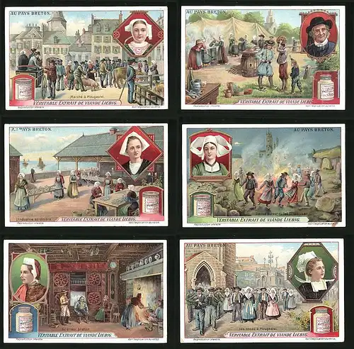 6 Sammelbilder Liebig, Serie Nr. 1038: Au Pays Breton, Les noces á Plougastel, Intérieur breton
