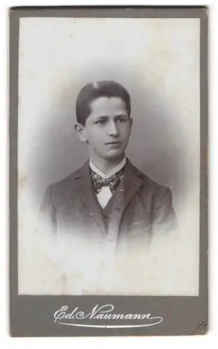 Fotografie Ed. Naumann, Meerane i. S., Augustus-Str. 33, Portrait junger Knabe im Anzug mit karierter Fliege