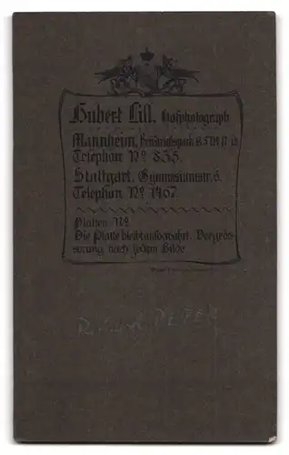 Fotografie Hubert Lill, Mannheim, Friedrichspark B. 5. Nr. 17 /18, Portrait Richard Peter im Anzug mit weisser Fliege