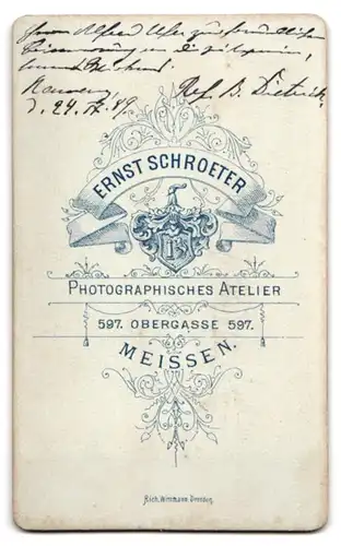 Fotografie E. Schroeter, Meissen, Obergasse 597, Portrait Ref. B. Dietrich im Anzug mit Zwirbelbart