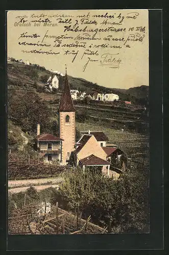 AK Gratsch b. Meran, Kirche mit Weinreben