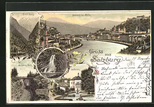 Lithographie Salzburg, Gaisberg-Bahn, Gollinger-Wasserfall, Hellbrunn
