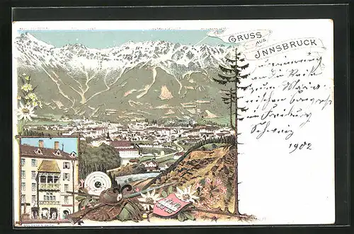 Lithographie Innsbruck, Hotel Goldenes Dach, Gesamtansicht