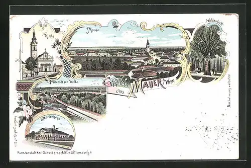 Lithographie Mauer b. Wien, Marienhaus, Kirche, Promenade zum Wald