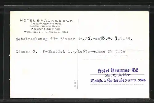 AK Karlsruhe am Rhein, Hotel Braunes Eck