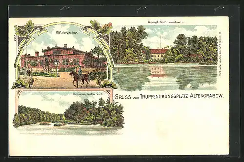 Lithographie Altengrabow, Truppenübungsplatz, Offizierscasino, Kommandaturteich