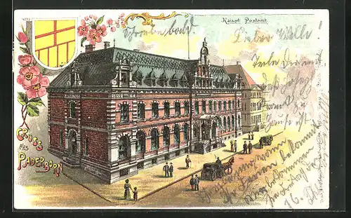 Lithographie Paderborn, Kaiserl. Postamt, Stadtwappen