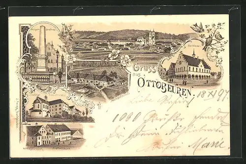 Lithographie Ottobeuren, Kriegerdenkmal, Institut Klosterwald, Rathhaus