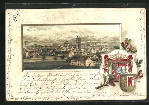 Passepartout-Lithographie Kempten, Teilansicht der Stadt, Stadtwappen