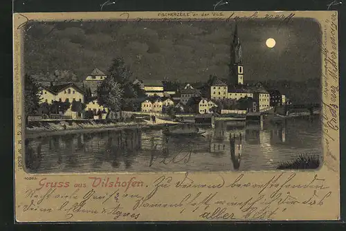 Mondschein-Lithographie Vilshofen, Flusspartie im Mondschein