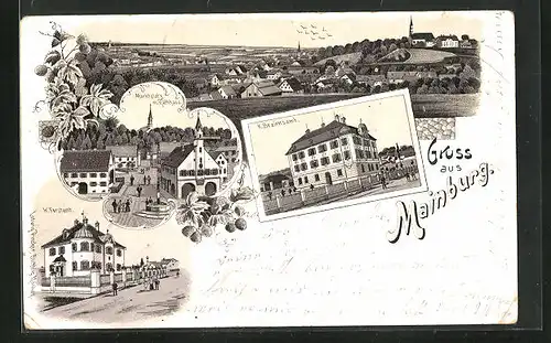 Lithographie Mainburg, K. Bezirksamt, Marktplatz mit Rathaus, Totalansicht