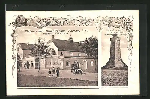 AK Glauchau i. S., Gasthaus Bismarckhöhe und Auto, Turm