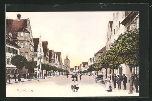 AK Günzburg, Hautstrasse mit Passanten und Hund