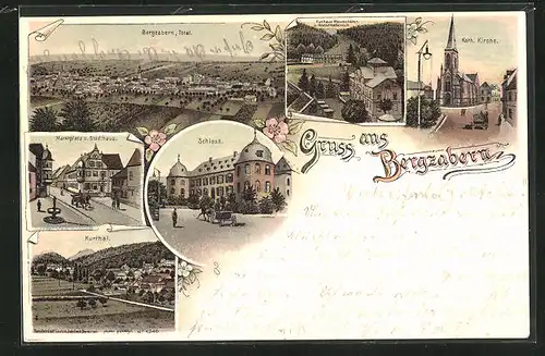 Lithographie Bergzabern, Schloss, Kurthal, Marktplatz mit Stadthaus