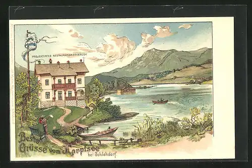 Lithographie Schlehdorf, Restaurant am Karpfsee, Boot