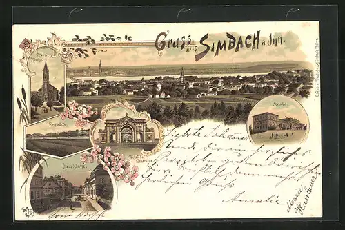 Lithographie Simbach a. Inn, Portal der Innbrücke, Bahnhof mit Passagieren, Hauptstrasse