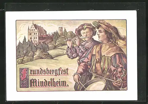 AK Mindelheim, Freundsbergkinderfest, Musiker mit Musikinstrumenten, Burg im Hintergrund