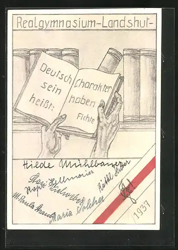 AK Landshut, Absolvia des Realgymnasium 1937, Hände halten Buch in die Luft