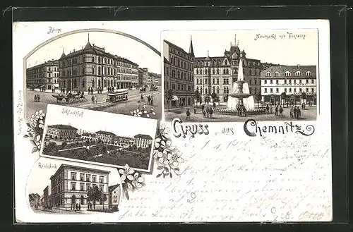 Lithographie Chemnitz, Börse, Schlachthof, Neumarkt mit Fontaine