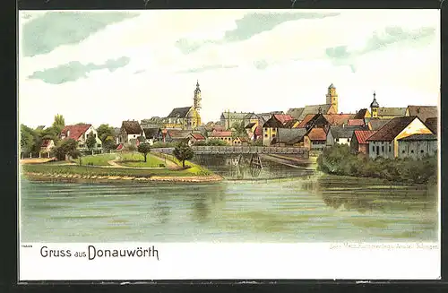Lithographie Donauwörth, Stadtpartie an der Donau mit Brücke